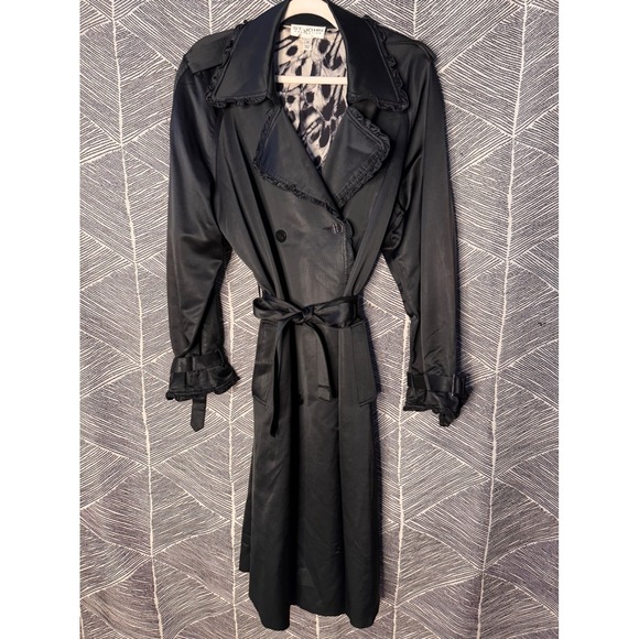 Vintage ST JOHN COLLECTION Black Satin  Ruffled Trench Coat Size 10 - Picture 12 of 14